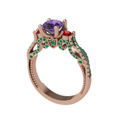 Kraliçe Tektaş Yüzük - Ametist, garnet ve yeşil kuvars 14 ayar rose altın yüzük #17ggt3b