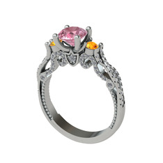 Kraliçe Tektaş Yüzük - Pembe kuvars, sitrin ve swarovski 14 ayar beyaz altın yüzük #17h14l4