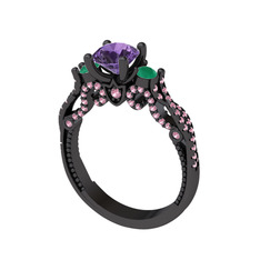 Kraliçe Tektaş Yüzük - Ametist, yeşil kuvars ve pembe kuvars 925 ayar siyah rodyum kaplama gümüş yüzük #18bkhuq
