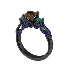 Kraliçe Tektaş Yüzük - Dumanlı kuvars, yeşil kuvars ve lab safir 925 ayar siyah rodyum kaplama gümüş yüzük #18m0biq