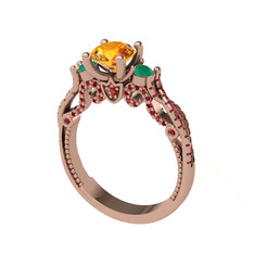 Kraliçe Tektaş Yüzük - Sitrin, kök zümrüt ve garnet 8 ayar rose altın yüzük #196zgll