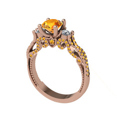 Kraliçe Tektaş Yüzük - Sitrin ve beyaz zirkon 925 ayar rose altın kaplama gümüş yüzük #1awfkum