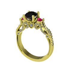Siyah zirkon, rodolit garnet ve swarovski 14 ayar altın yüzük