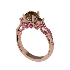 Kraliçe Tektaş Yüzük - Dumanlı kuvars ve rodolit garnet 14 ayar rose altın yüzük #1b6mjox