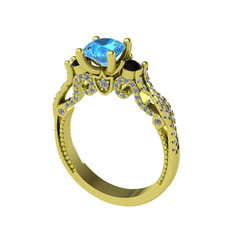 Kraliçe Tektaş Yüzük - Akuamarin, siyah zirkon ve pırlanta 18 ayar altın yüzük (0.792 karat) #1bzpla4