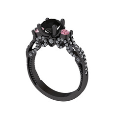 Kraliçe Tektaş Yüzük - Siyah zirkon, pembe kuvars ve swarovski 925 ayar siyah rodyum kaplama gümüş yüzük #1c2vjyn