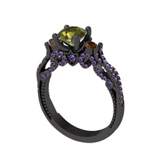 Kraliçe Tektaş Yüzük - Peridot, dumanlı kuvars ve ametist 925 ayar siyah rodyum kaplama gümüş yüzük #1czilnl
