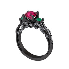 Kraliçe Tektaş Yüzük - Rodolit garnet, yeşil kuvars ve swarovski 925 ayar siyah rodyum kaplama gümüş yüzük #1da5v7f