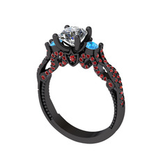 Kraliçe Tektaş Yüzük - Swarovski, akuamarin ve garnet 925 ayar siyah rodyum kaplama gümüş yüzük #1e7n8om