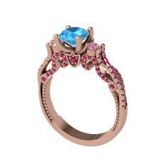 Kraliçe Tektaş Yüzük - Akuamarin, pembe kuvars ve rodolit garnet 14 ayar rose altın yüzük #1ew1jba