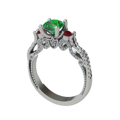 Kraliçe Tektaş Yüzük - Yeşil kuvars, kök yakut ve swarovski 18 ayar beyaz altın yüzük #1eye5w