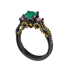 Kraliçe Tektaş Yüzük - Kök zümrüt, pembe kuvars ve sitrin 925 ayar siyah rodyum kaplama gümüş yüzük #1f62chy