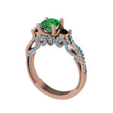 Kraliçe Tektaş Yüzük - Yeşil kuvars, siyah zirkon ve akuamarin 925 ayar rose altın kaplama gümüş yüzük #1fa56g9