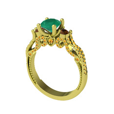 Kraliçe Tektaş Yüzük - Kök zümrüt, dumanlı kuvars ve sitrin 14 ayar altın yüzük #1fk1ay3