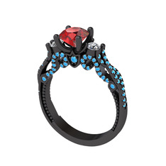 Kraliçe Tektaş Yüzük - Garnet, beyaz zirkon ve akuamarin 925 ayar siyah rodyum kaplama gümüş yüzük #1fk2k59