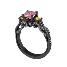 Kraliçe Tektaş Yüzük - Pembe kuvars, sitrin ve pırlanta 925 ayar siyah rodyum kaplama gümüş yüzük (0.792 karat) #1g5c4u