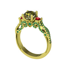 Kraliçe Tektaş Yüzük - Peridot, garnet ve yeşil kuvars 14 ayar altın yüzük #1g869la