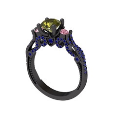 Kraliçe Tektaş Yüzük - Peridot, pembe kuvars ve lab safir 925 ayar siyah rodyum kaplama gümüş yüzük #1hb6pha
