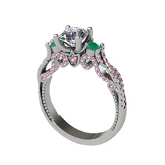 Kraliçe Tektaş Yüzük - Beyaz zirkon, kök zümrüt ve pembe kuvars 14 ayar beyaz altın yüzük #1he7kxe