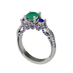 Kraliçe Tektaş Yüzük - Kök zümrüt, lab safir ve ametist 14 ayar beyaz altın yüzük #1hkt19u