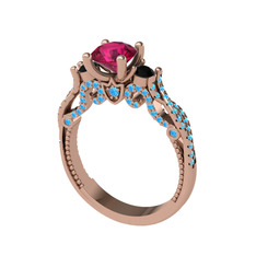 Kraliçe Tektaş Yüzük - Rodolit garnet, siyah zirkon ve akuamarin 925 ayar rose altın kaplama gümüş yüzük #1hntacv