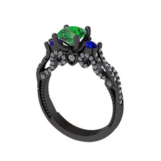Kraliçe Tektaş Yüzük - Yeşil kuvars, lab safir ve swarovski 925 ayar siyah rodyum kaplama gümüş yüzük #1hpeoqu