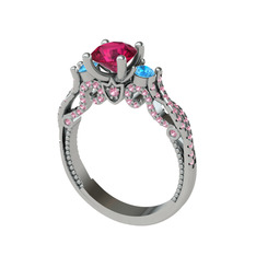 Kraliçe Tektaş Yüzük - Rodolit garnet, akuamarin ve pembe kuvars 8 ayar beyaz altın yüzük #1io2299