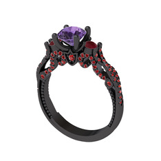 Kraliçe Tektaş Yüzük - Ametist, kök yakut ve garnet 925 ayar siyah rodyum kaplama gümüş yüzük #1jeon40