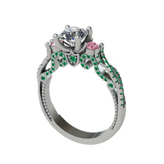 Kraliçe Tektaş Yüzük - Swarovski, pembe kuvars ve yeşil kuvars 8 ayar beyaz altın yüzük #1jxnpvf