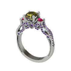 Peridot, rodolit garnet ve ametist 18 ayar beyaz altın yüzük