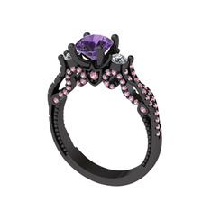 Kraliçe Tektaş Yüzük - Ametist, beyaz zirkon ve pembe kuvars 925 ayar siyah rodyum kaplama gümüş yüzük #1k6acy