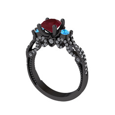 Kraliçe Tektaş Yüzük - Kök yakut, akuamarin ve beyaz zirkon 925 ayar siyah rodyum kaplama gümüş yüzük #1l8kdtt