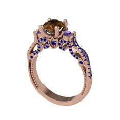 Kraliçe Tektaş Yüzük - Dumanlı kuvars, ametist ve lab safir 18 ayar rose altın yüzük #1mh87bb