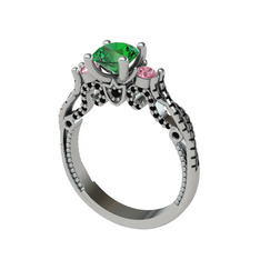 Kraliçe Tektaş Yüzük - Yeşil kuvars, pembe kuvars ve siyah zirkon 14 ayar beyaz altın yüzük #1mvlsyy