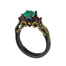 Kraliçe Tektaş Yüzük - Kök zümrüt, kök yakut ve sitrin 925 ayar siyah rodyum kaplama gümüş yüzük #1nl5uru
