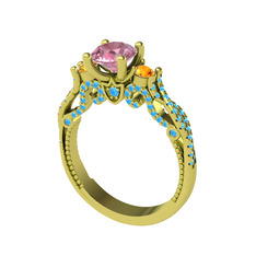 Kraliçe Tektaş Yüzük - Pembe kuvars, sitrin ve akuamarin 18 ayar altın yüzük #1op3jk6