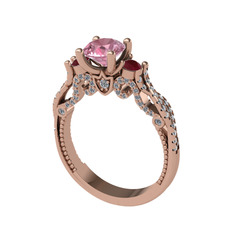 Kraliçe Tektaş Yüzük - Pembe kuvars, kök yakut ve pırlanta 18 ayar rose altın yüzük (0.792 karat) #1owbt7j