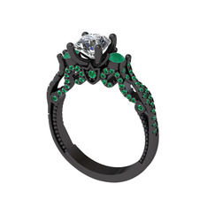 Kraliçe Tektaş Yüzük - Beyaz zirkon, kök zümrüt ve yeşil kuvars 925 ayar siyah rodyum kaplama gümüş yüzük #1p03pre