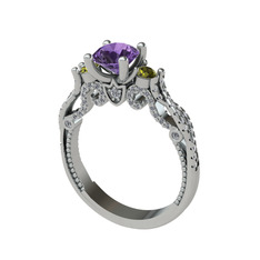 Kraliçe Tektaş Yüzük - Ametist, peridot ve pırlanta 14 ayar beyaz altın yüzük (0.792 karat) #1pmkt1