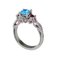 Akuamarin, kök yakut ve pembe kuvars 18 ayar beyaz altın yüzük
