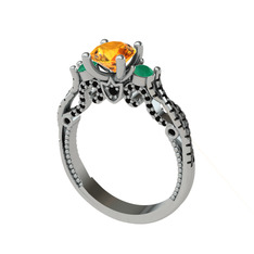 Kraliçe Tektaş Yüzük - Sitrin, kök zümrüt ve siyah zirkon 8 ayar beyaz altın yüzük #1qkuqj8