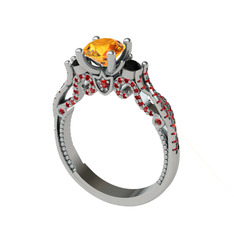Kraliçe Tektaş Yüzük - Sitrin, siyah zirkon ve garnet 8 ayar beyaz altın yüzük #1r5l2r4