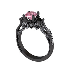 Pembe kuvars, siyah zirkon ve swarovski 925 ayar siyah rodyum kaplama gümüş yüzük