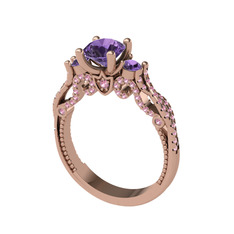 Kraliçe Tektaş Yüzük - Ametist ve pembe kuvars 14 ayar rose altın yüzük #1rupuxi