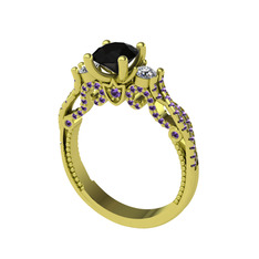 Kraliçe Tektaş Yüzük - Siyah zirkon, swarovski ve ametist 18 ayar altın yüzük #1sg386y
