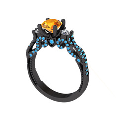 Kraliçe Tektaş Yüzük - Sitrin, beyaz zirkon ve akuamarin 925 ayar siyah rodyum kaplama gümüş yüzük #1sojq4q