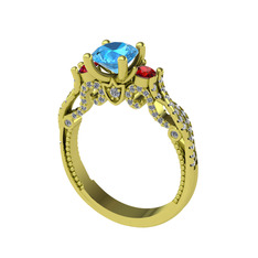 Akuamarin, garnet ve swarovski 8 ayar altın yüzük