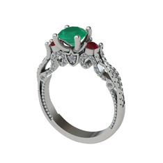 Kraliçe Tektaş Yüzük - Kök zümrüt, kök yakut ve beyaz zirkon 18 ayar beyaz altın yüzük #1tic831