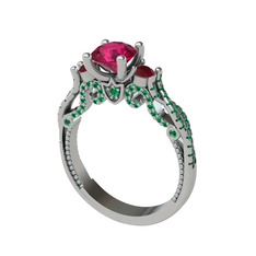 Kraliçe Tektaş Yüzük - Rodolit garnet, kök yakut ve yeşil kuvars 18 ayar beyaz altın yüzük #1u5lo4c