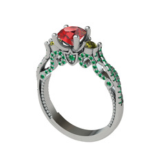 Garnet, peridot ve yeşil kuvars 14 ayar beyaz altın yüzük